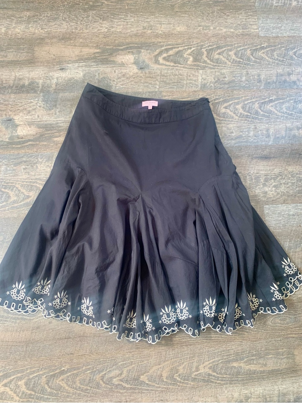Black Embroidered Eyelet  A-Line Hem Knee Length Skirt